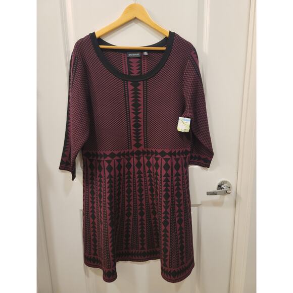 Nina Leonard Geometric Fit & Flare Sweater Dress in Black and Purple - Picture 2 of 7